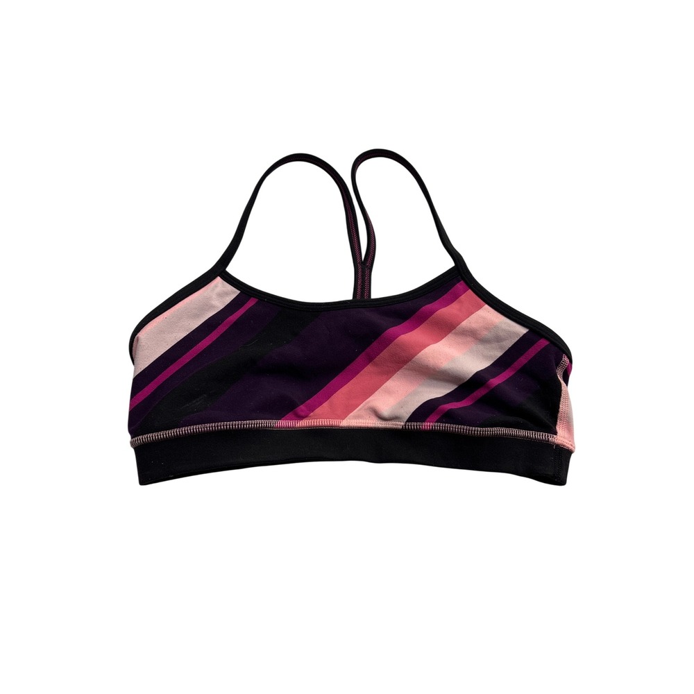 Lululemon Flow Y Bra IV Pink Purple Black Diagonal Stripe Sports Bra Size 6